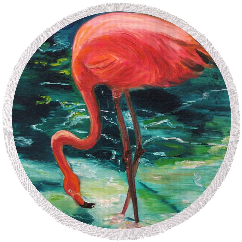 Flamingo Round Beach Towel featuring the painting Flamingo of Homasassa by Patricia Arroyo