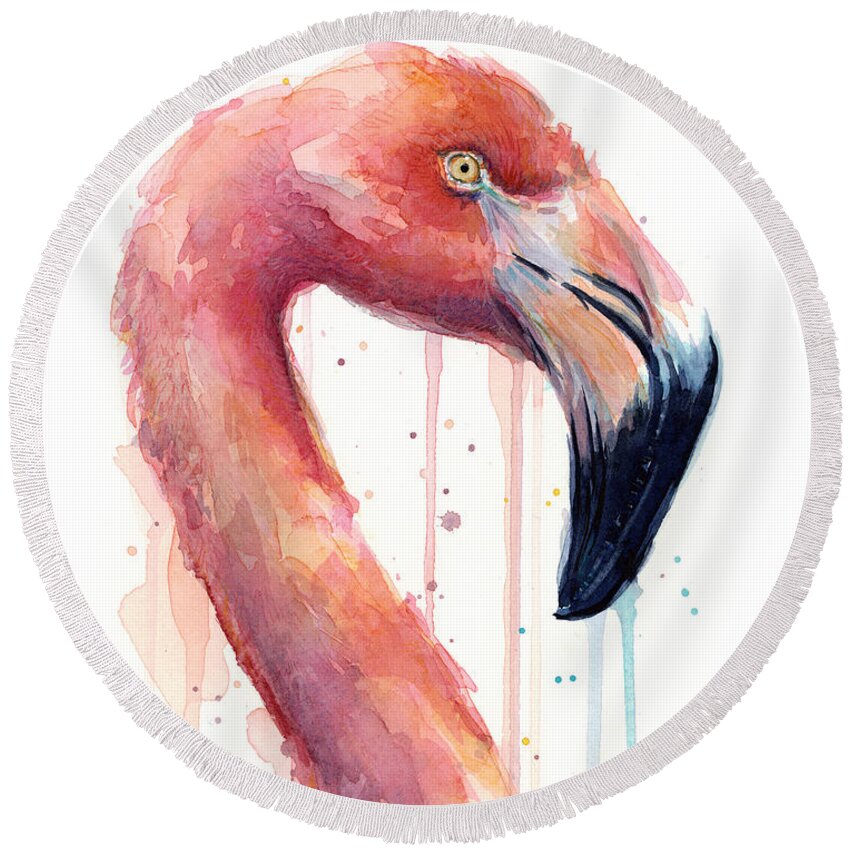 Watercolor Flamingo Round Beach Towel featuring the painting Flamingo Painting Watercolor - Facing Right by Olga Shvartsur