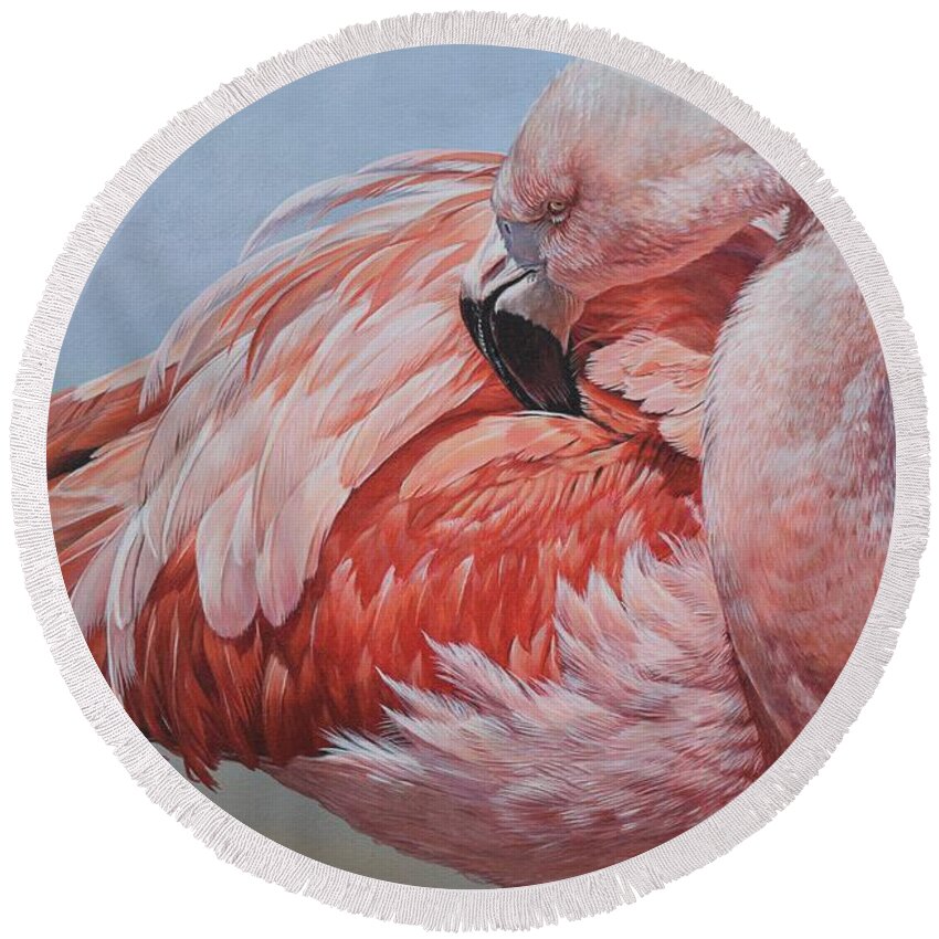 Wildlife Paintings Round Beach Towel featuring the painting Flamingo Preening by Alan M Hunt