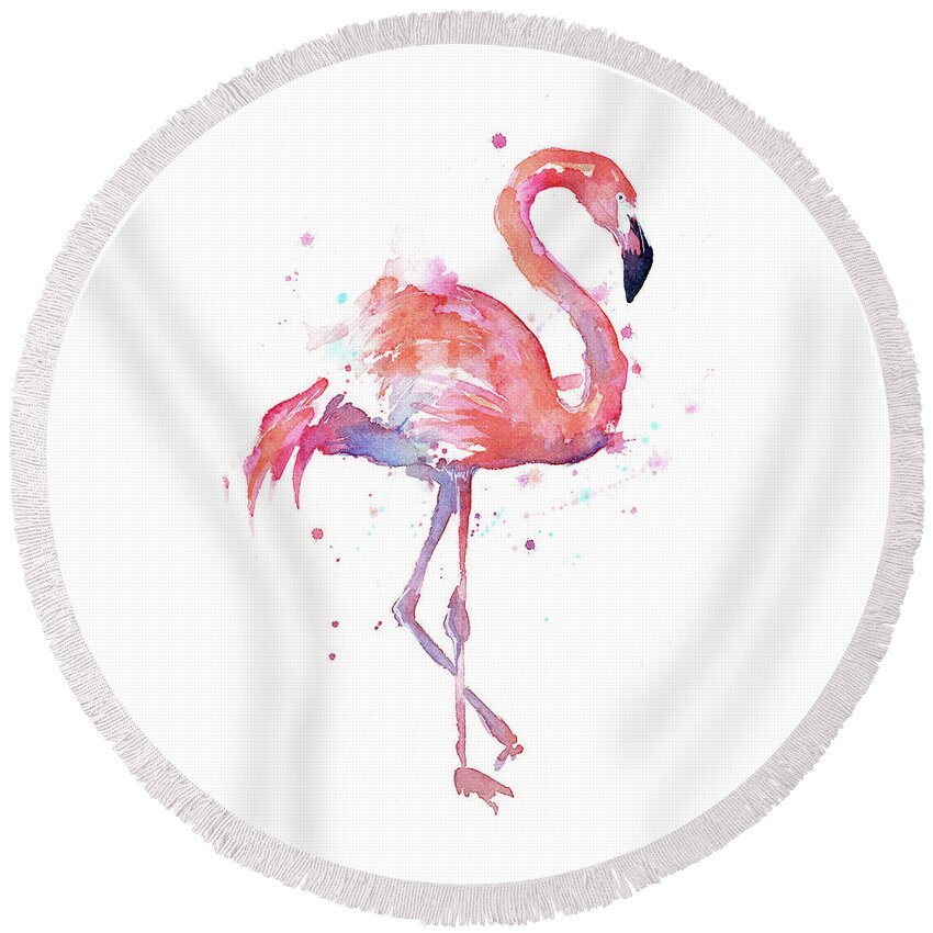 Flamingo Round Beach Towel featuring the painting Flamingo Watercolor Facing Right by Olga Shvartsur