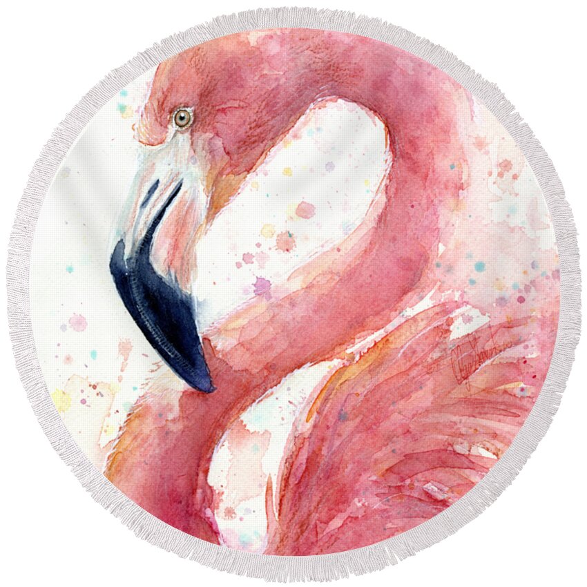 Flamingo Round Beach Towel featuring the painting Flamingo Watercolor Painting by Olga Shvartsur