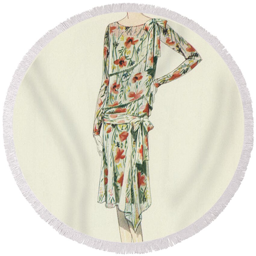 Flapper Round Beach Towel featuring the painting Flapper in an Afternoon Dress by American School