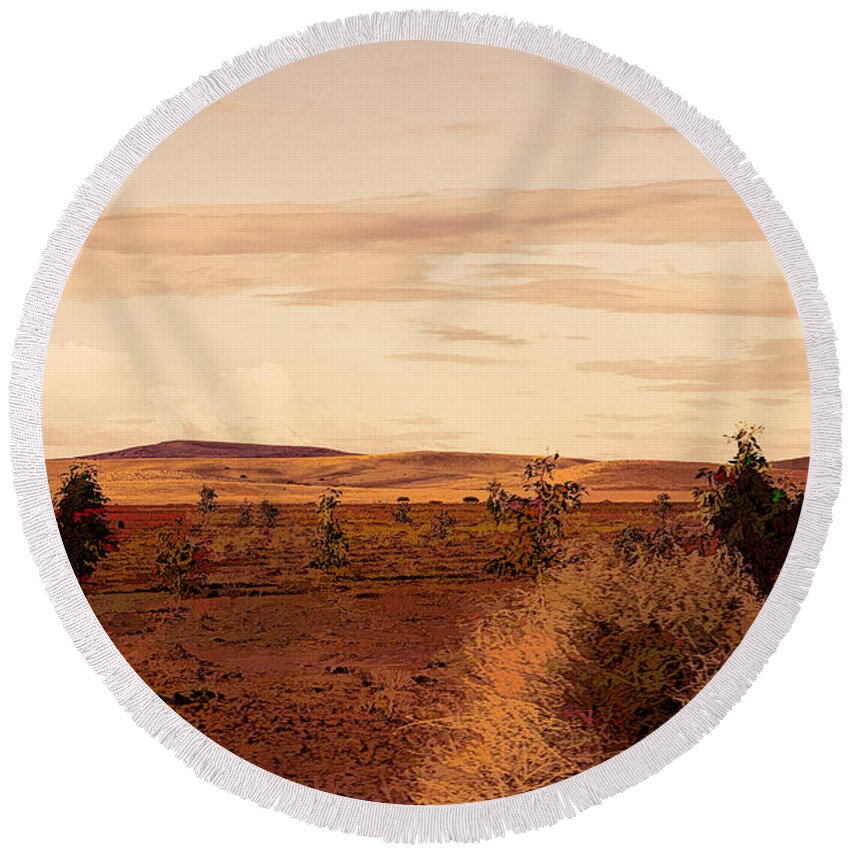 Morocco Round Beach Towel featuring the photograph Flat Land Scenic Morocco View from Train Window by Chuck Kuhn