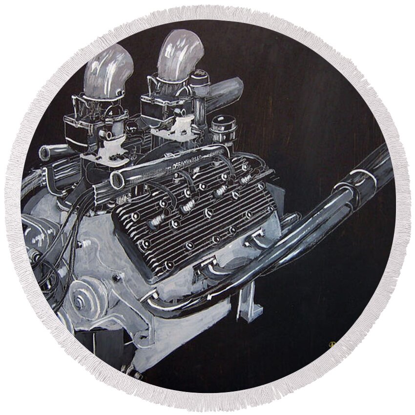 Flathead Offenhauser V8 Round Beach Towel featuring the painting Flathead Offenhauser V8 by Richard Le Page