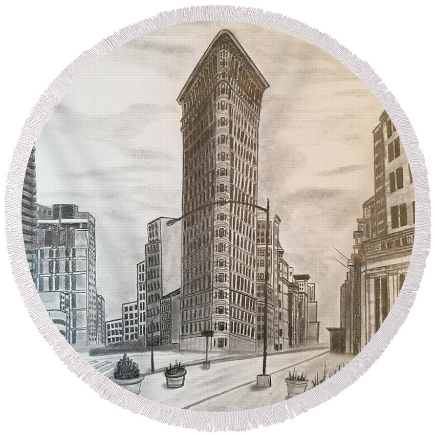 Landscape Round Beach Towel featuring the drawing Flatiron Study by Tony Clark