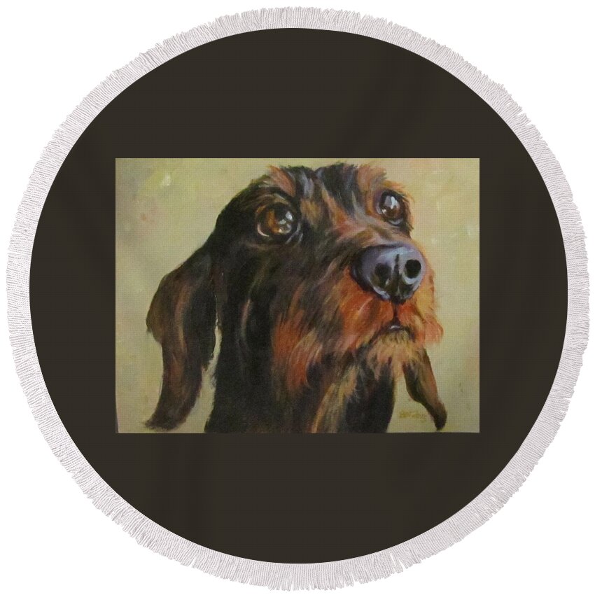 Dog Round Beach Towel featuring the painting Flavi by Barbara O'Toole