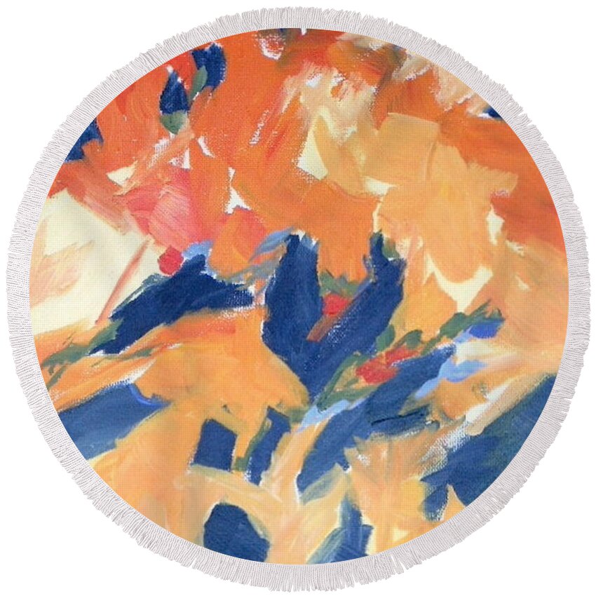 Abstract Round Beach Towel featuring the painting Fleeing Crows by Sharon Cromwell