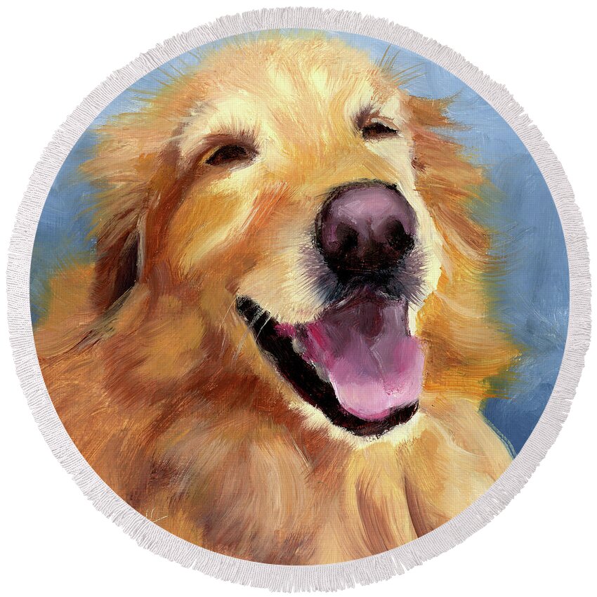 Golden Retriever Round Beach Towel featuring the painting Fletcher Laughing by Alice Leggett