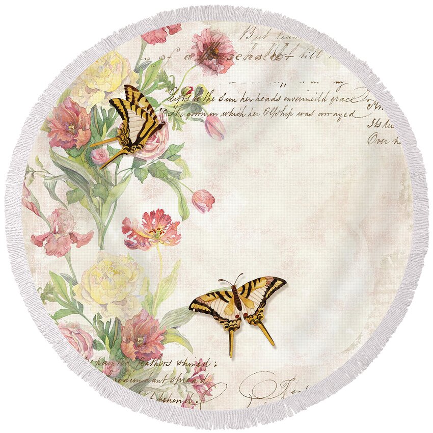Butterfly Round Beach Towel featuring the painting Fleurs de Pivoine - Watercolor w Butterflies in a French Vintage Wallpaper Style by Audrey Jeanne Roberts
