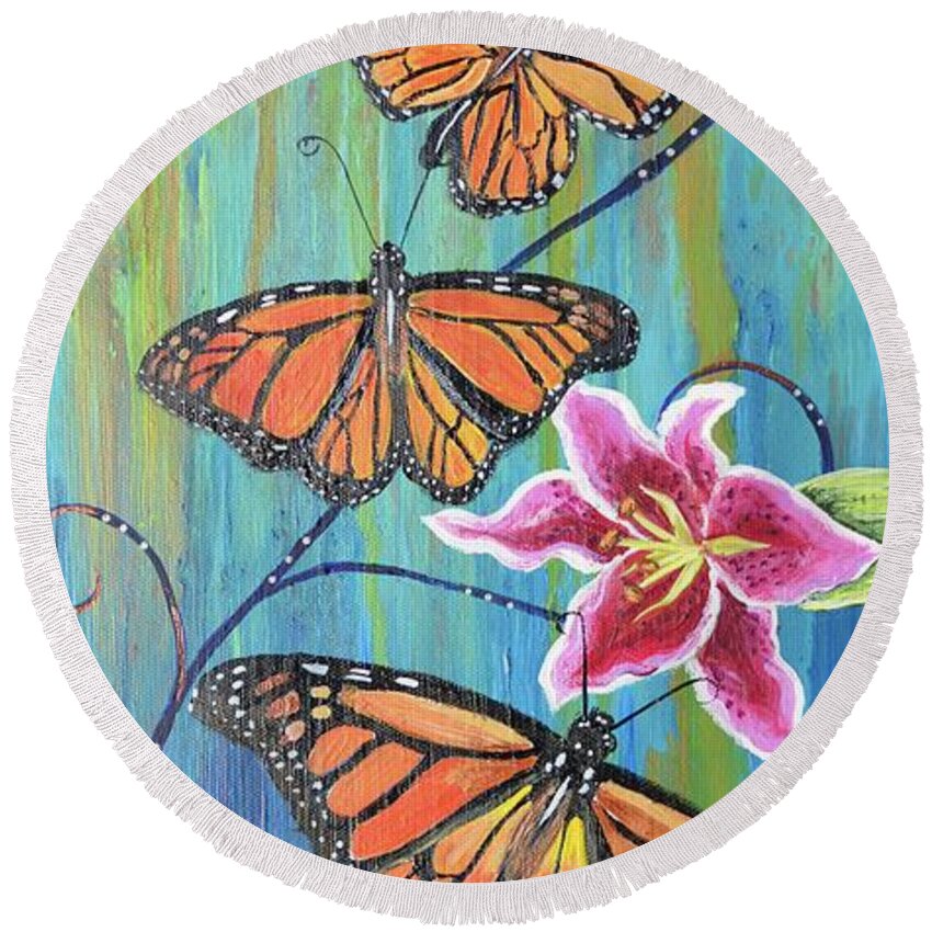 Monarch Butterflies Round Beach Towel featuring the painting Flight of the Monarchs by Melissa Torres