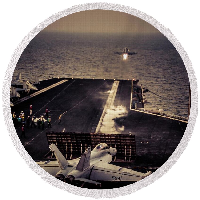 Navy Round Beach Towel featuring the photograph Flight Ops by Larkin's Balcony Photography