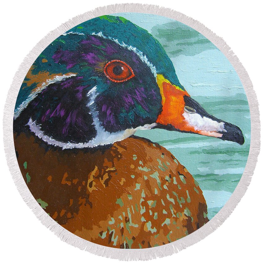 Wood Duck Round Beach Towel featuring the painting Floating Jewel by Cheryl Bowman