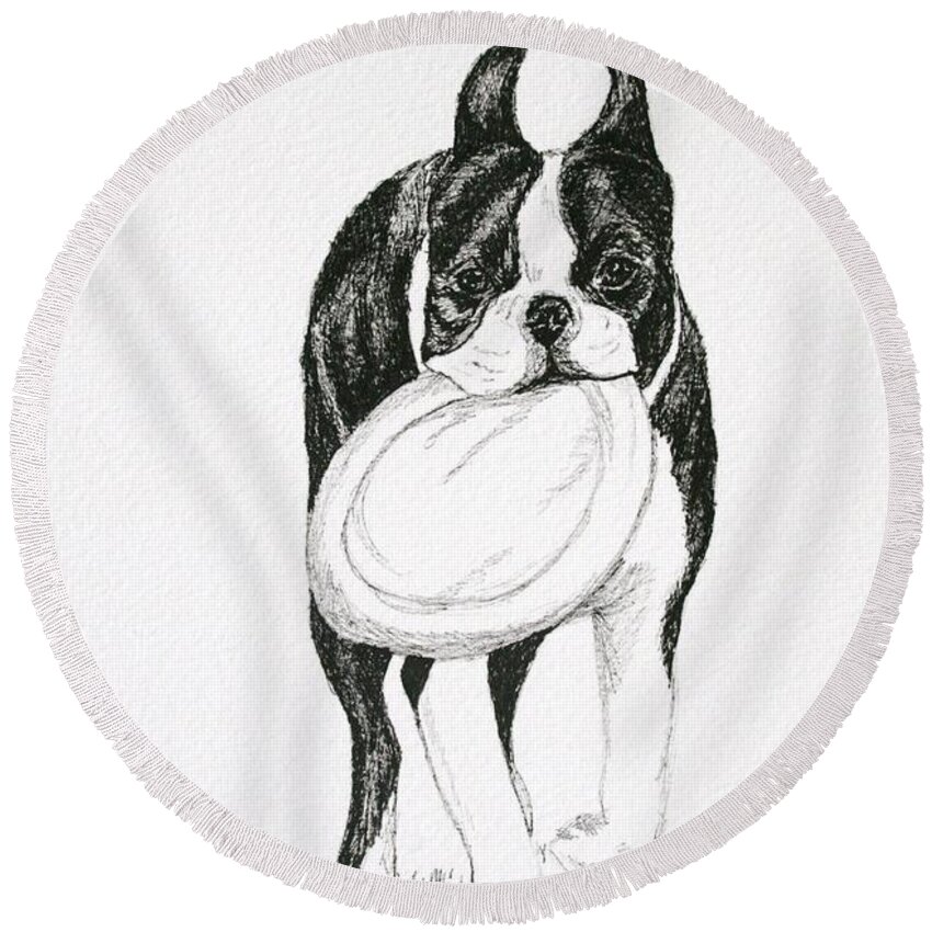 Boston Terrier Round Beach Towel featuring the drawing Floppy Disk by Susan Herber