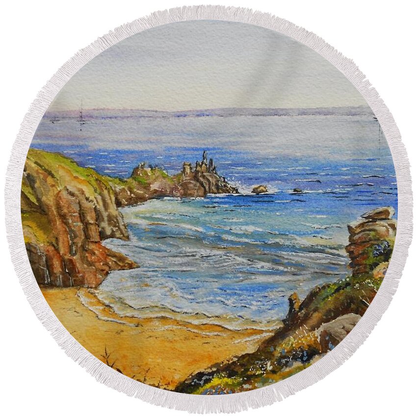 Seascape Round Beach Towel featuring the painting Floral Cliffs by Andrew Read