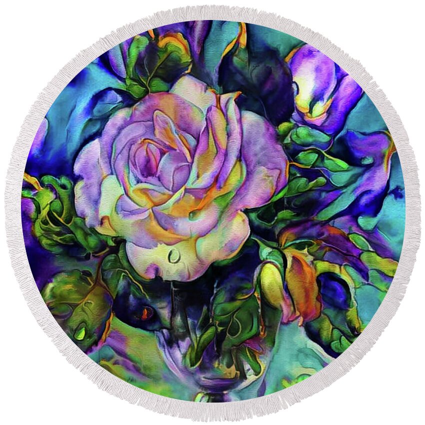 Floral Composition Round Beach Towel featuring the mixed media Floral composition with a white Rose by Lilia S