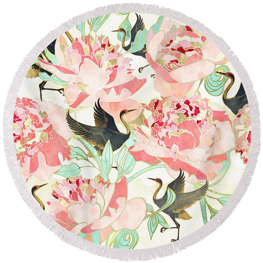 Floral Round Beach Towel featuring the digital art Floral Cranes by Spacefrog Designs
