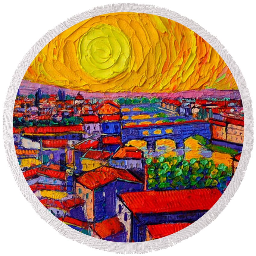 Florence Round Beach Towel featuring the painting Florence Sunset 12 by Ana Maria Edulescu