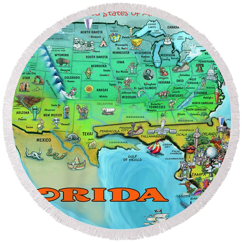 Florida Round Beach Towel featuring the painting Florida USA Cartoon Map by Kevin Middleton