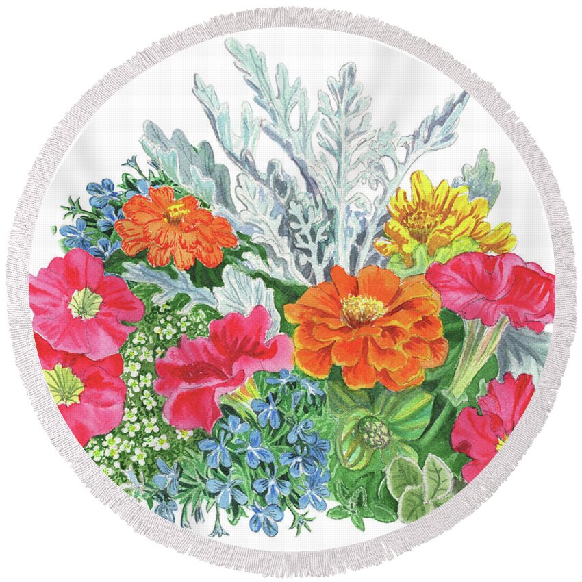 Flowers Round Beach Towel featuring the painting Flower Arrangement With Petunia Marigold And Sweet Allysum by Irina Sztukowski