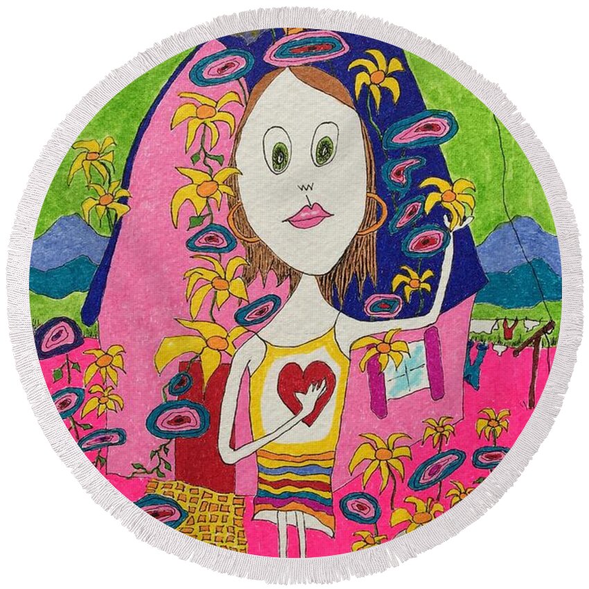  Round Beach Towel featuring the painting Flower Child by Lew Hagood