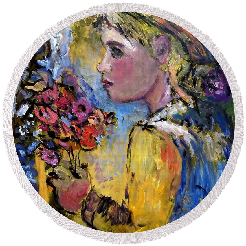 Girl With Flowers Round Beach Towel featuring the painting flower girl Manet by Mykul Anjelo