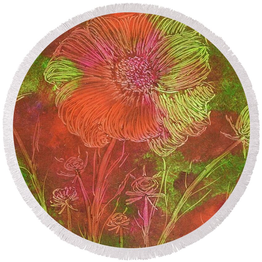 Barrieloustark Round Beach Towel featuring the painting Flower Power by Barrie Stark