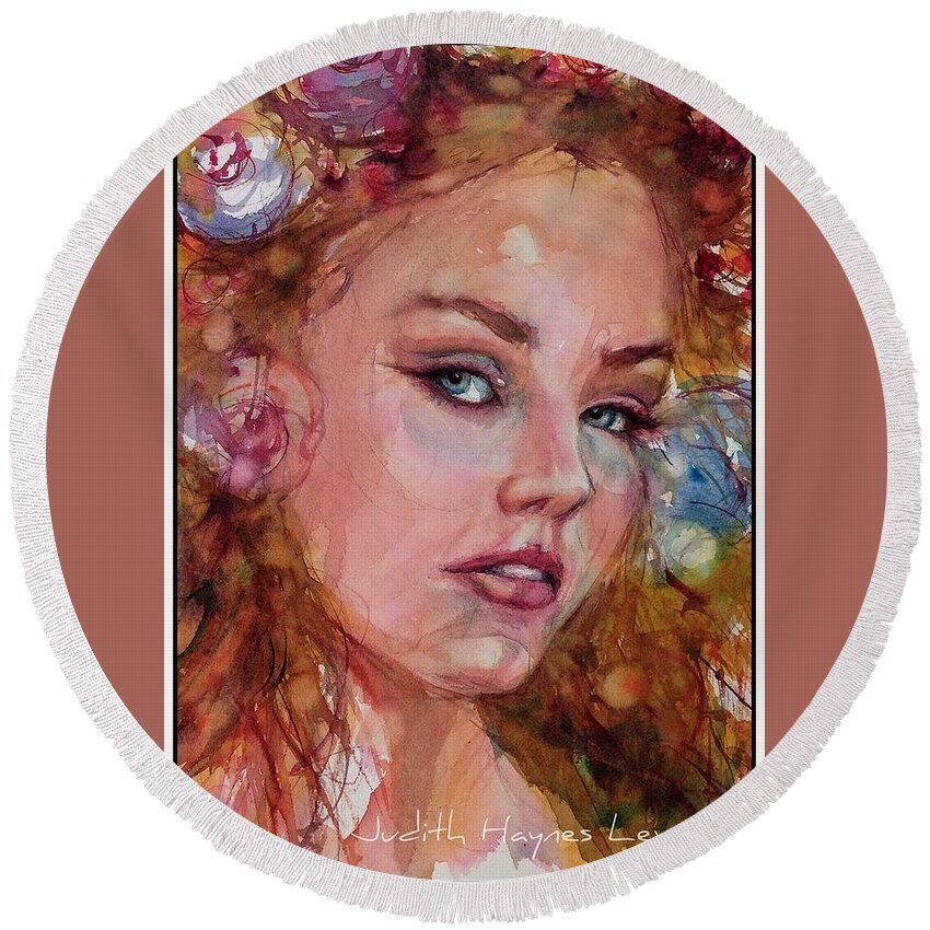 Portrait Round Beach Towel featuring the painting Flower Princess by Judith Levins