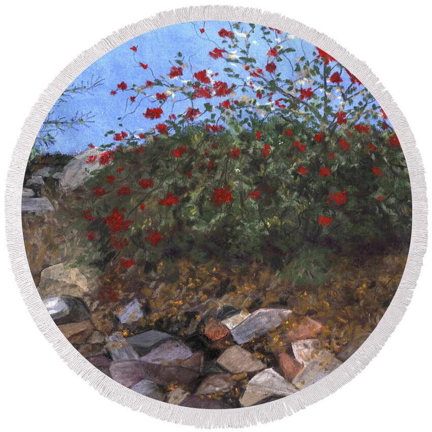 Rocks Round Beach Towel featuring the painting Flowered Embankment by Ginny Neece
