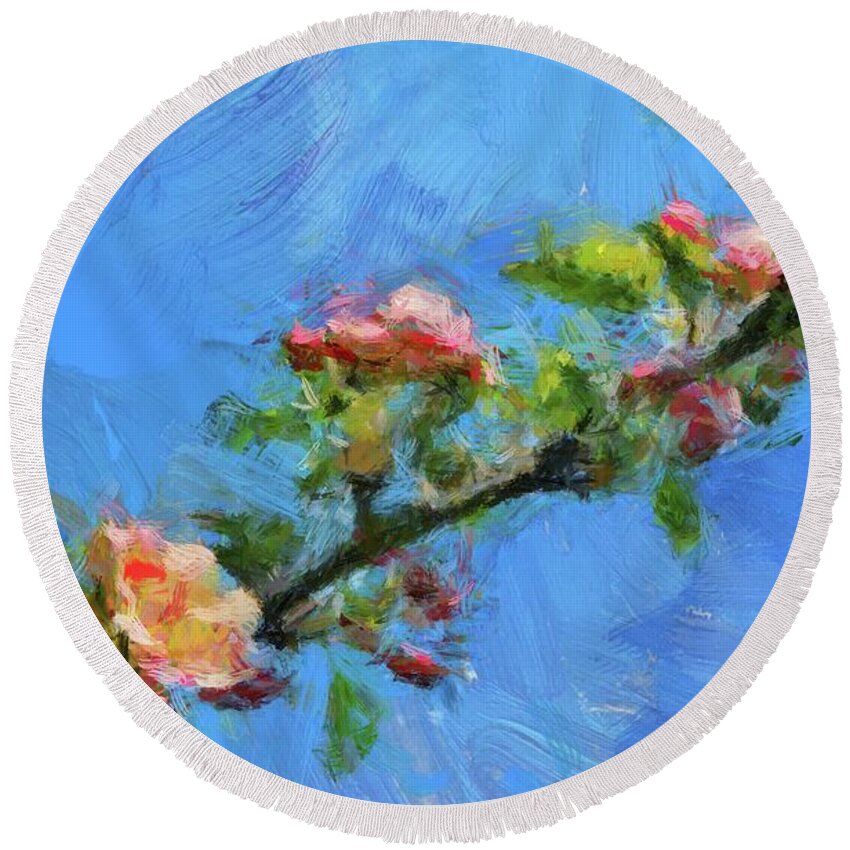 Branch Round Beach Towel featuring the painting Flowering Apple Branch by Dragica Micki Fortuna