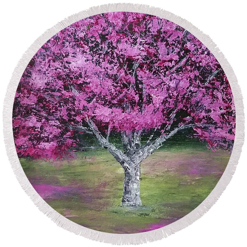 Impressionistic Round Beach Towel featuring the painting Flowering Tree by Mishel Vanderten
