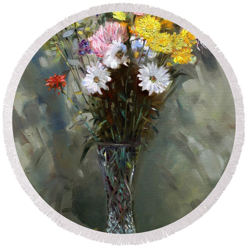 Still Life With Flowers Round Beach Towel featuring the painting Flowers 2010 by Ylli Haruni