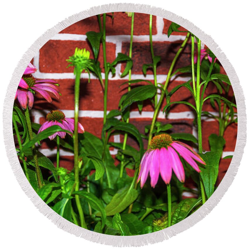 Flowers Round Beach Towel featuring the photograph Flowers Along a Red Brick Wall by Bill Cannon