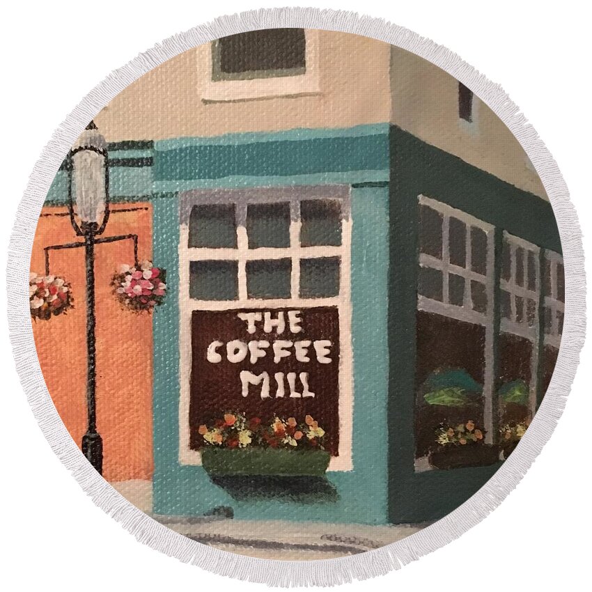 Lamp Post Round Beach Towel featuring the painting Flowers at Coffee Mill Mini by Claire Gagnon