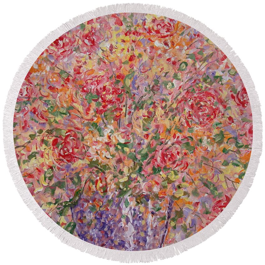 Flowers Round Beach Towel featuring the painting Flowers In Purple Vase. by Leonard Holland