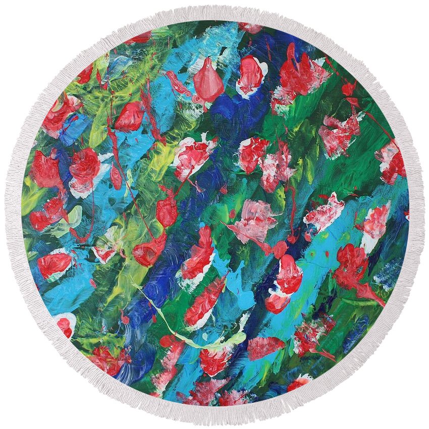 Flowers In The Sea   Bliss Contentment Delight Elation Enjoyment Euphoria Exhilaration Jubilation Laughter Optimism  Peace Of Mind Pleasure Prosperity Well-being Beatitude Blessedness Cheer Cheerfulness Content Round Beach Towel featuring the painting Poppies by Sarahleah Hankes