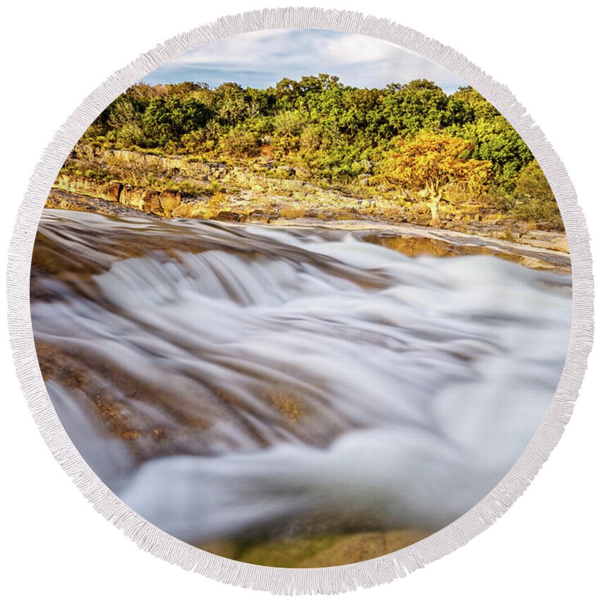 Pedernales Round Beach Towel featuring the photograph Flowing Waters of the Pedernales River at Pedernales Falls State Park - Texas Hill Country by Silvio Ligutti