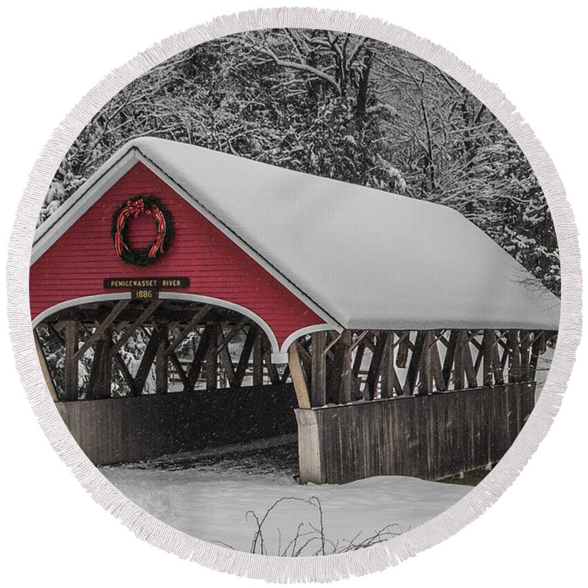 Flume Round Beach Towel featuring the photograph Flume Covered Bridge in Winter by White Mountain Images