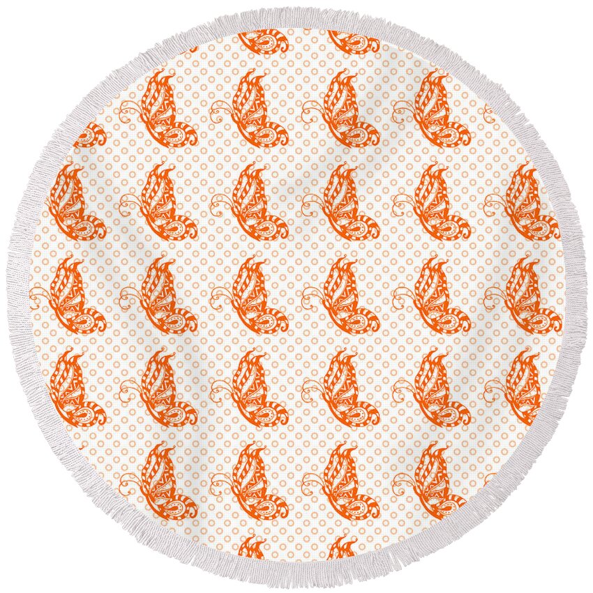 Butterfly Round Beach Towel featuring the digital art Fluttering Butterflies - Orange and White 2 by Shawna Rowe