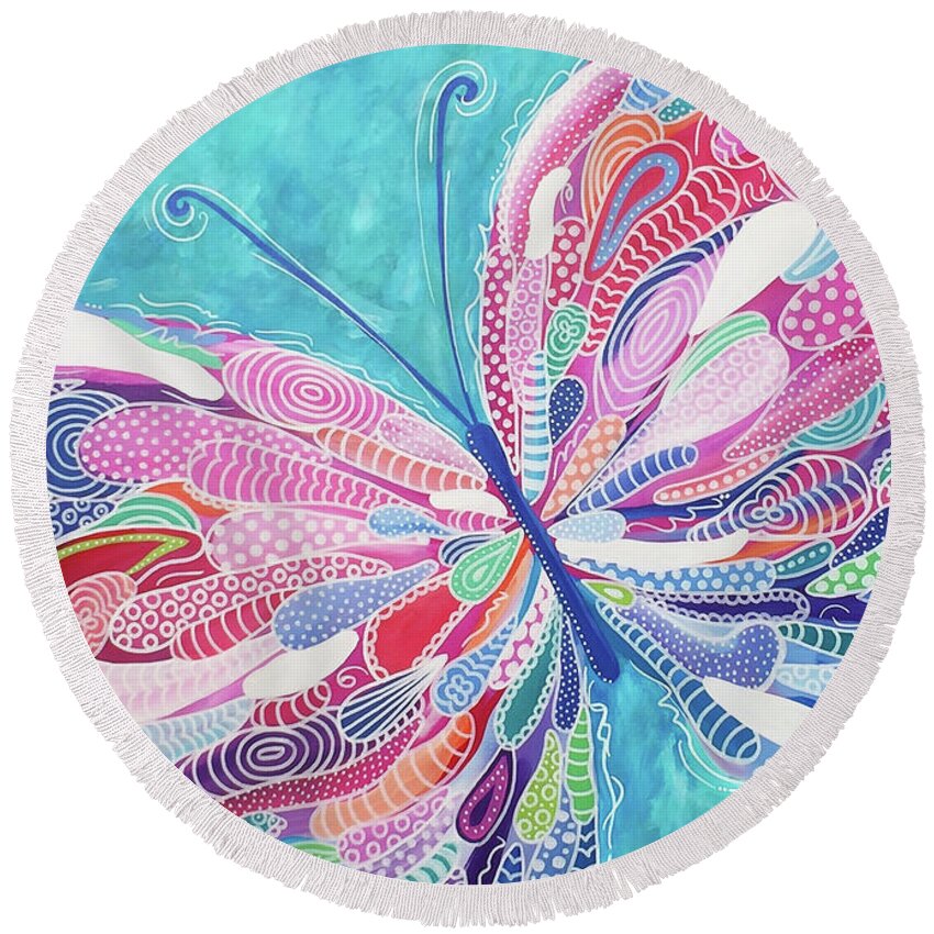 Butterfly Round Beach Towel featuring the painting Fluttering Jewel by Beth Ann Scott
