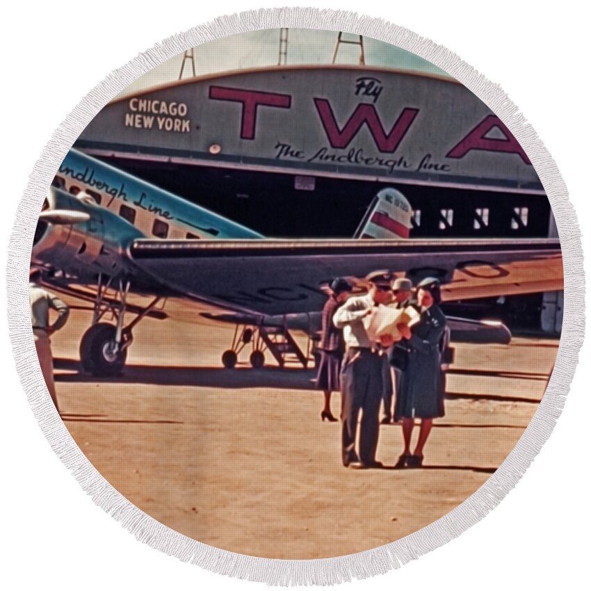 Historic Airplane Round Beach Towel featuring the photograph Fly TWA The Lindberg Line by Henry Bosis by Rolf Bertram