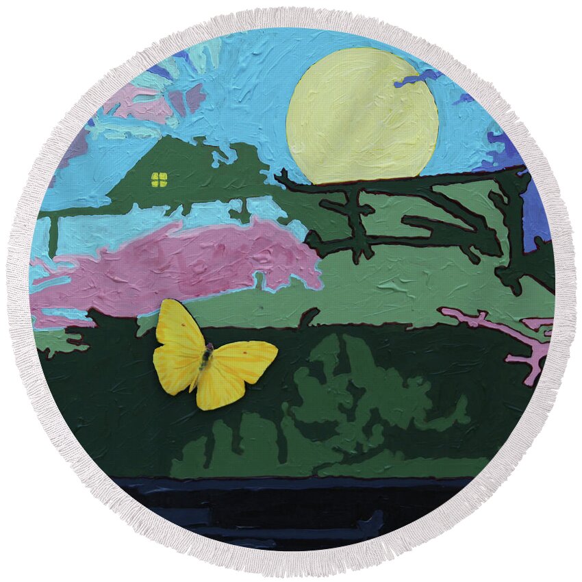 Butterfly Round Beach Towel featuring the painting Flying Home by John Lautermilch