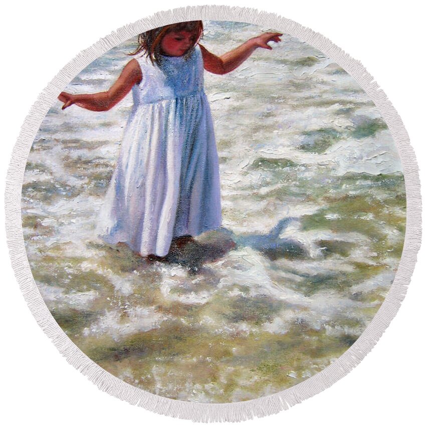 Children At Beach Round Beach Towel featuring the painting Flying in the Surf by Marie Witte