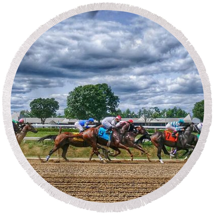 Race Horses Round Beach Towel featuring the photograph Flying by Jeffrey Perkins