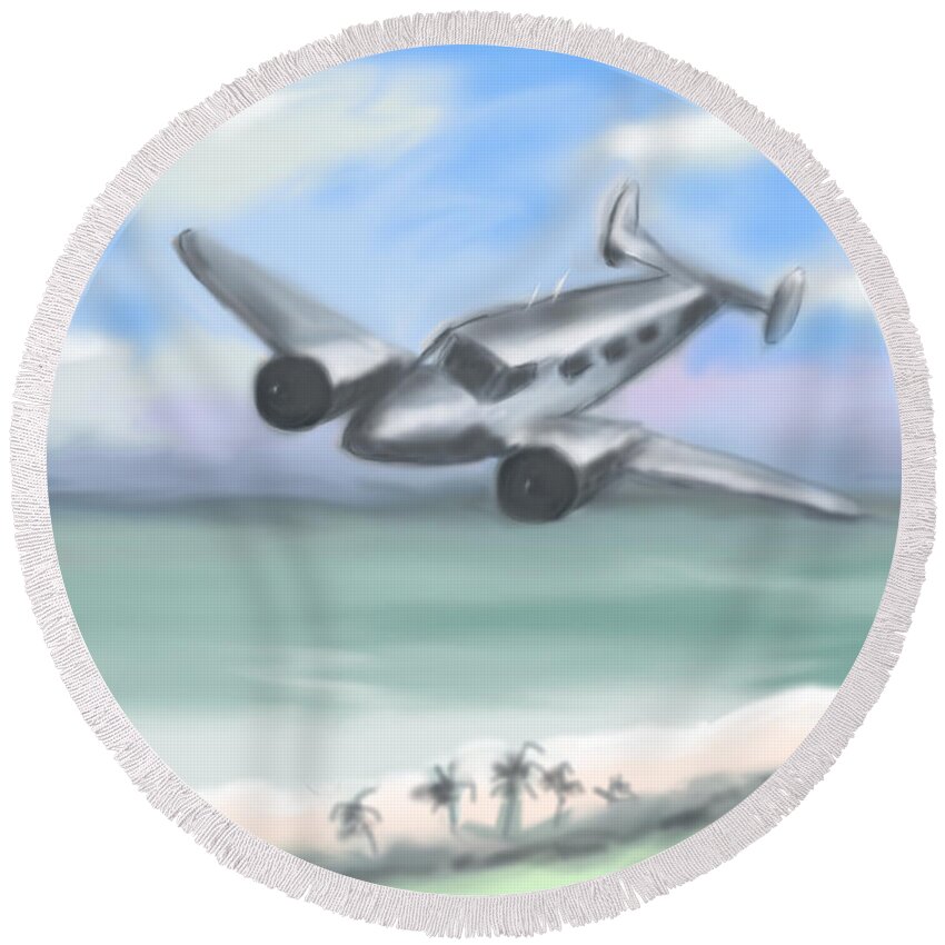 Flying Round Beach Towel featuring the painting Flying Low by Jean Pacheco Ravinski