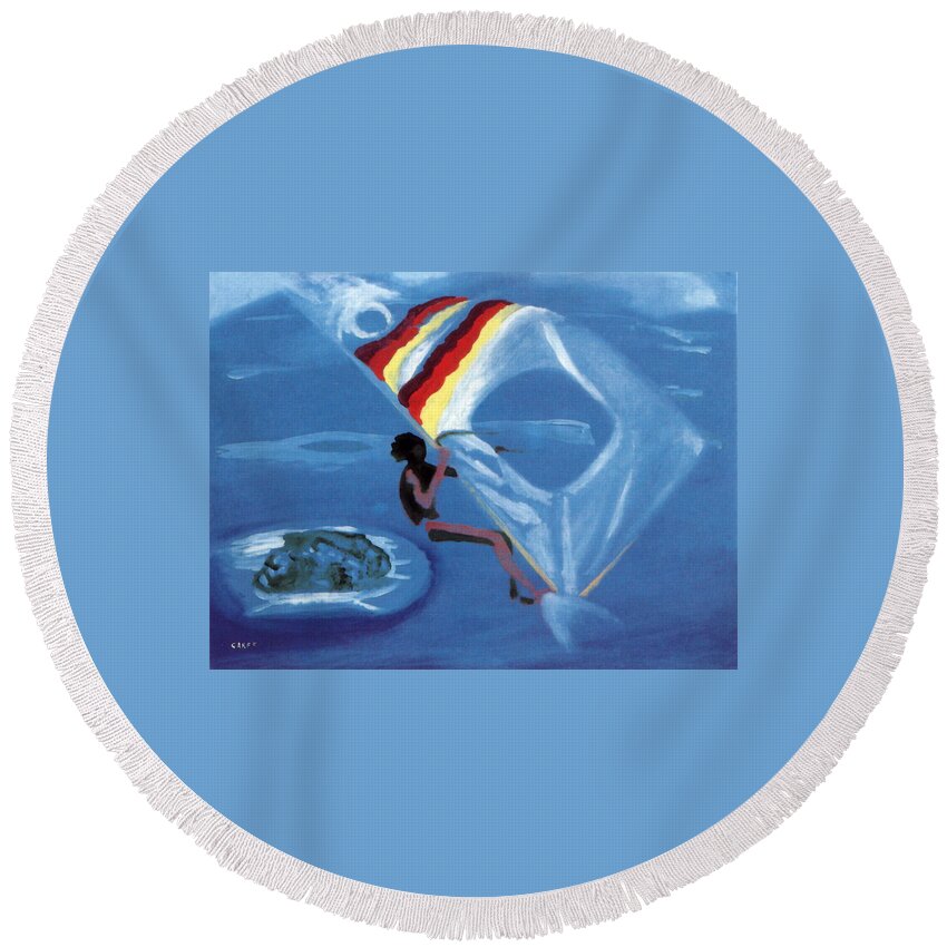 Windsurfer Round Beach Towel featuring the painting Flying Windsurfer by Enrico Garff