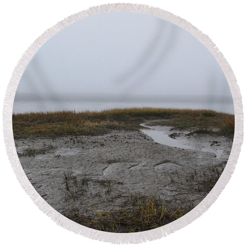 Fog Round Beach Towel featuring the photograph Fog and Low Tide over the Wando River by Dale Powell