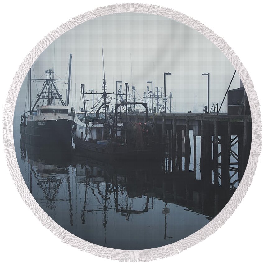 Boats Round Beach Towel featuring the photograph Fog Before Sunrise #2 by Bob Orsillo