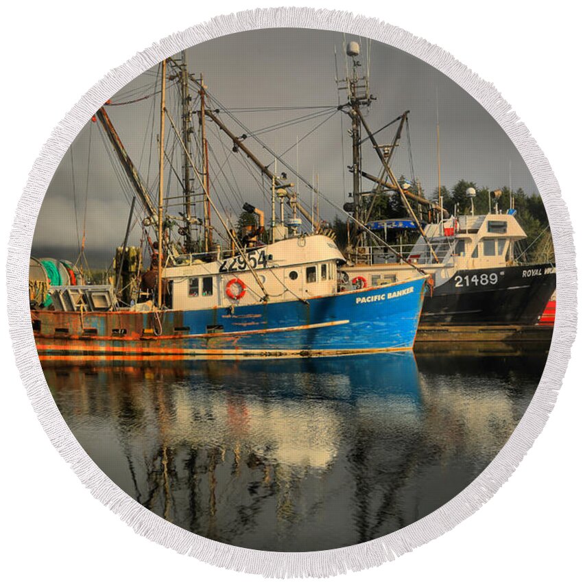 Commercial Fishing Round Beach Towel featuring the photograph Fog Over Ucluelet Fishing Port by Adam Jewell