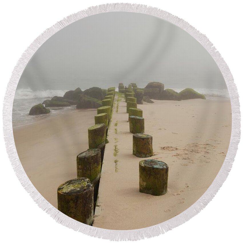 Jersey Shore Round Beach Towel featuring the photograph Fog Sits On Bay Head Beach - Jersey Shore by Angie Tirado