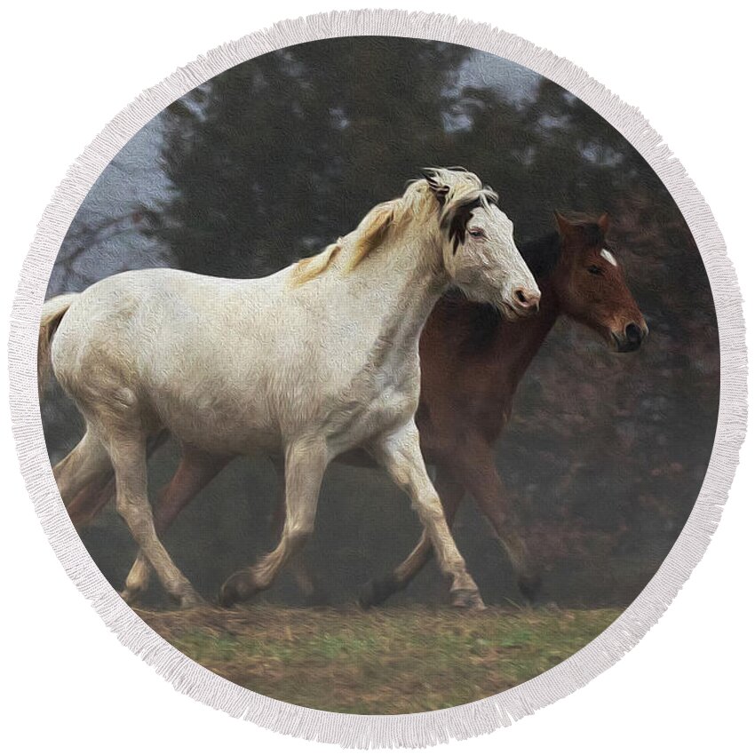 Horses Round Beach Towel featuring the photograph Fog Trot by Art Cole